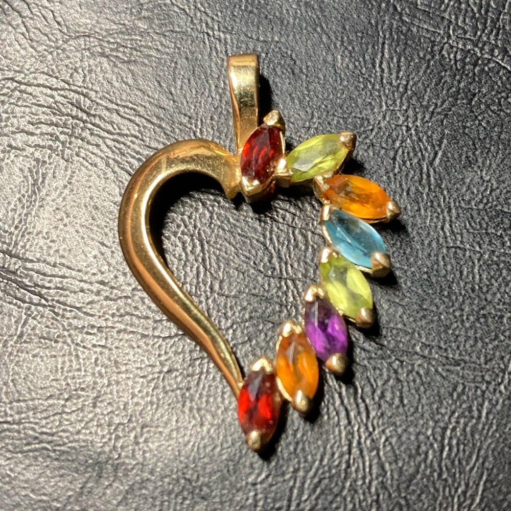 14k Yellow Gold Heart Pendant with Multiple Semi-Precious Stones